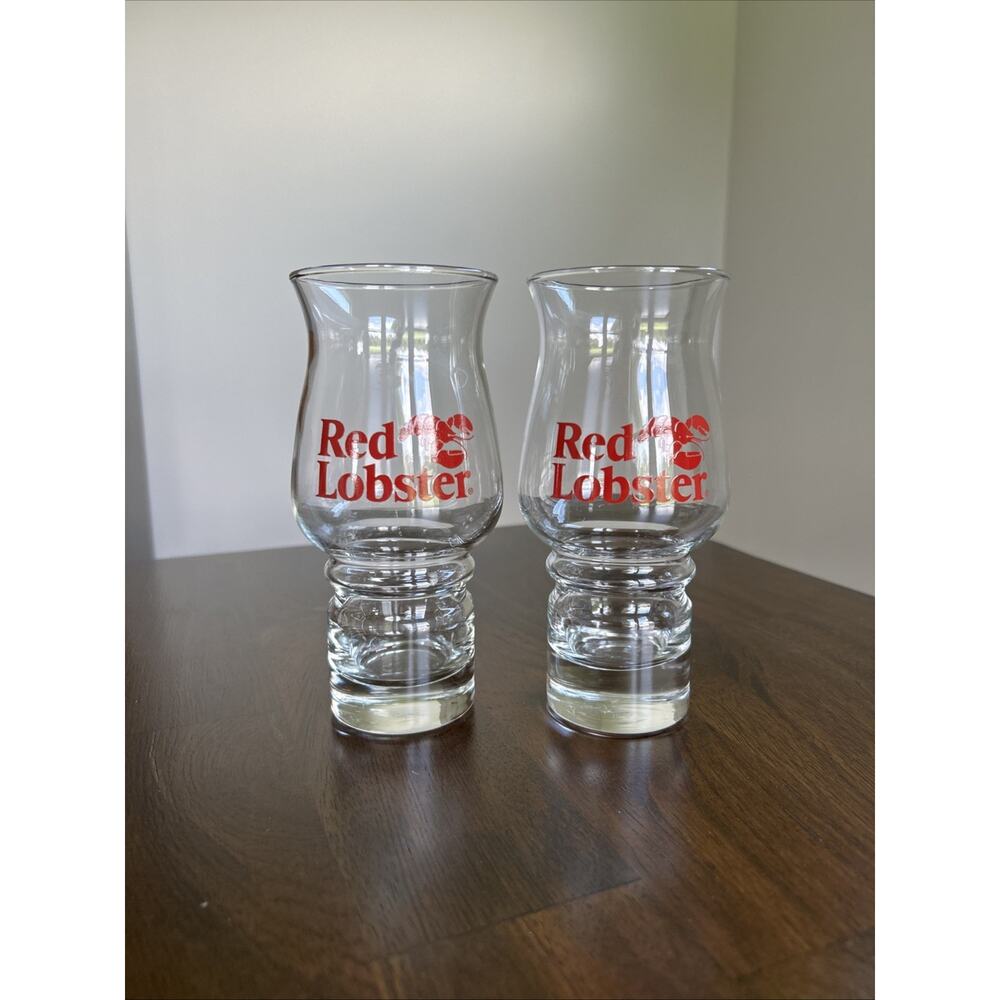 Vtg 1980's Red Lobster Glass 16 oz Hurricane Tiki Tropical Souvenir Set of 2 G25